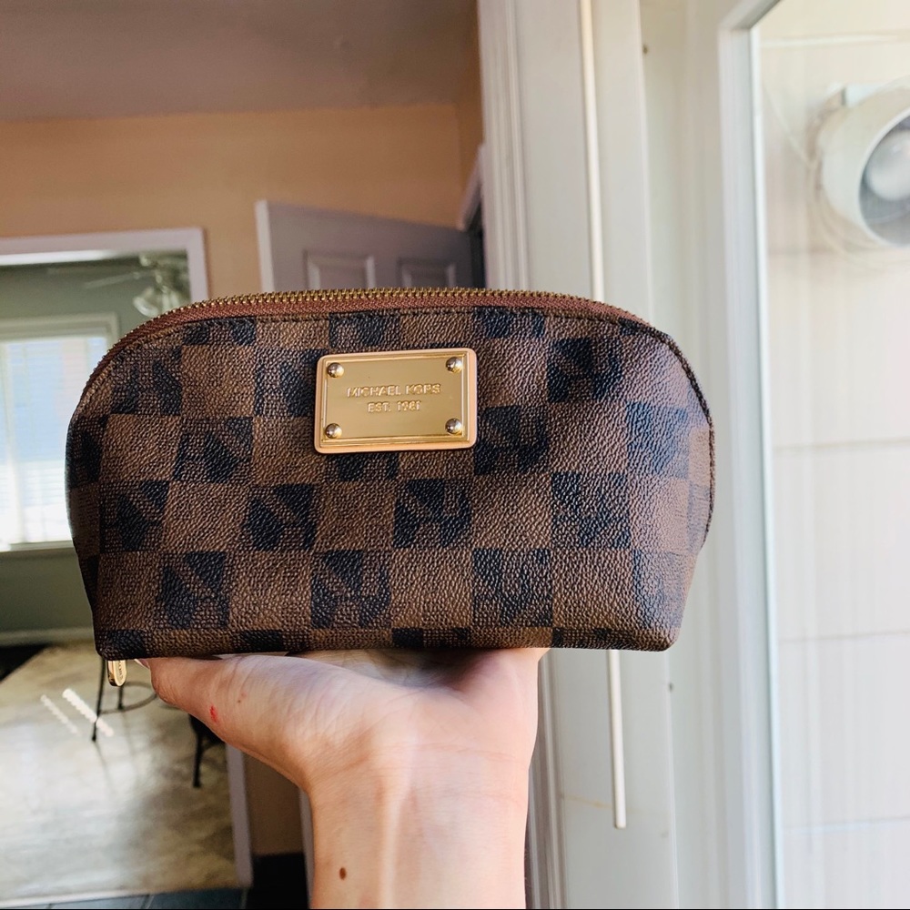 Michael Kors brown black checkerboard cosmetic bag